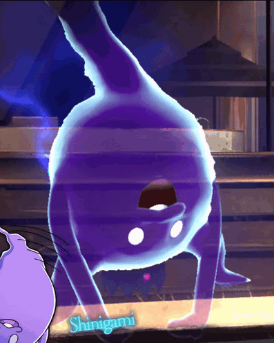 A Purple Cartoon Character Is Doing A Handstand And The Word Shinigami Is On The Bottom Right GIF