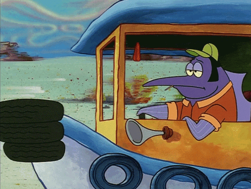 A Purple Cartoon Character Is Driving A Car With A Trumpet GIF