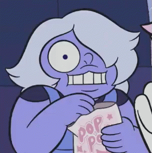 A Purple Cartoon Character Is Holding A Bag Of Popcorn GIF