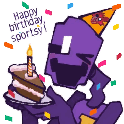 a purple cartoon character is holding a birthday cake