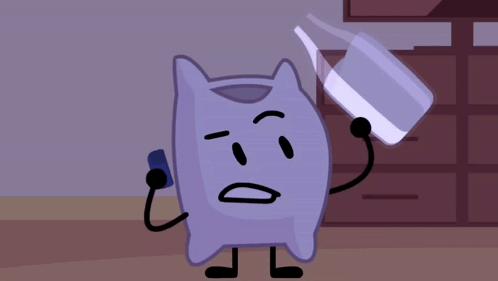 A Purple Cartoon Character Is Holding A Cup And A Bottle GIF