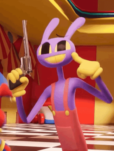 A Purple Cartoon Character Is Holding A Gun In His Hand GIF