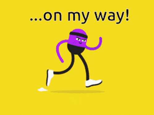 A Purple Cartoon Character Is Running On A Yellow Background With The Words On My Way Below Him GIF