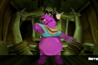 A Purple Cartoon Character Is Standing In A Dark Room GIF