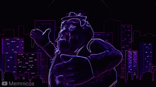 a purple cartoon character is standing in front of a cityscape