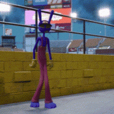 a purple cartoon character is standing in front of a fence