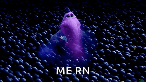 A Purple Cartoon Character Is Surrounded By Blue Balls And The Word Mern Is Visible . GIF
