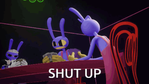 A Purple Cartoon Character Says Shut Up In Front Of Two Other Cartoon Characters GIF