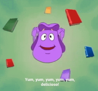 A Purple Cartoon Character Says Yum Yum Yum Yum Yum Yum Delicioso GIF