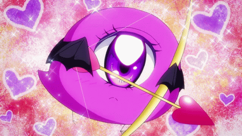 A Purple Cartoon Character With A Bow And Arrow In It 'S Eye GIF