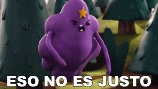 A Purple Cartoon Character With A Yellow Star On His Head And The Words Eso No Es Justo Below Him . GIF