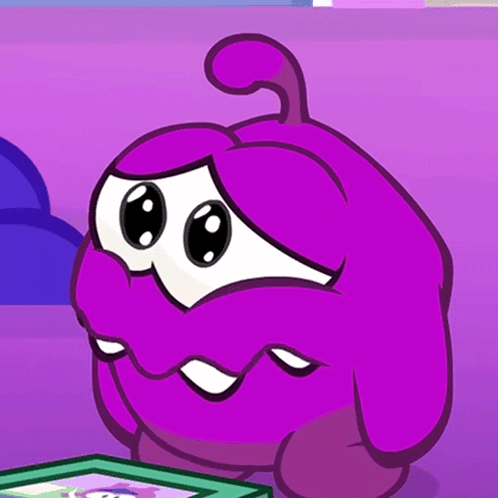 A Purple Cartoon Character With Big Eyes And A Purple Background GIF