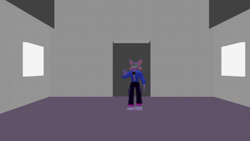 A Purple Cartoon Character With Green Eyes And A Blue Shirt GIF