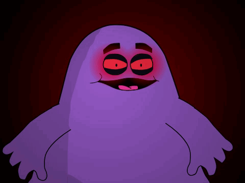 A Purple Cartoon Character With Red Eyes And A Sad Face GIF