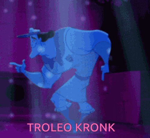 A Purple Cartoon Character With The Name Troleo Kronk Written On It GIF
