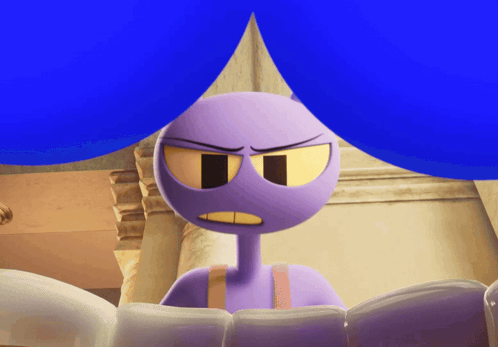 A Purple Cartoon Character With Yellow Eyes And A Blue Background GIF