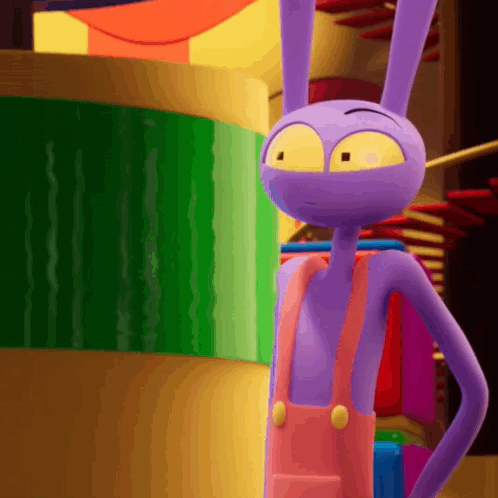 A Purple Cartoon Character With Yellow Eyes And Overalls GIF