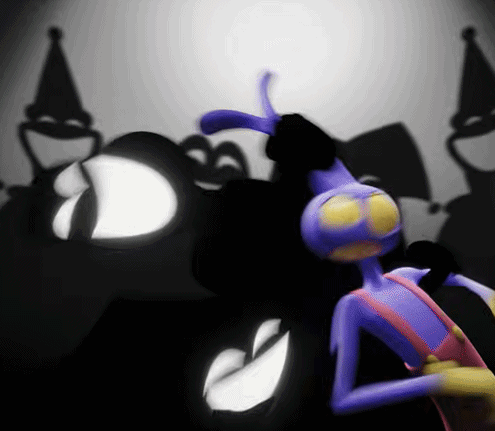 A Purple Cartoon Character With Yellow Eyes Stands In Front Of A Shadow Of A Clown GIF