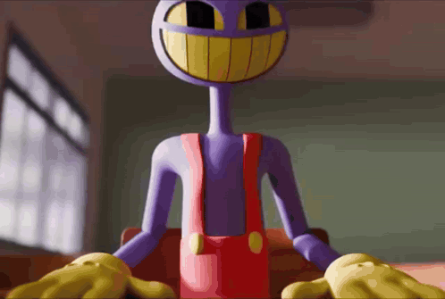 A Purple Cartoon Character With Yellow Teeth And Red Pants GIF