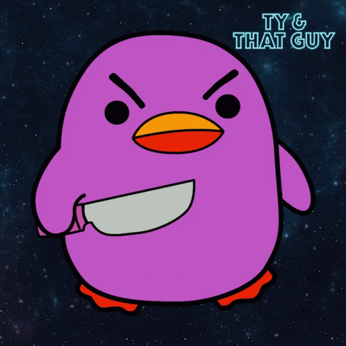 A Purple Cartoon Face With A Knife In Its Mouth And The Words Ty & That Guy Above It GIF