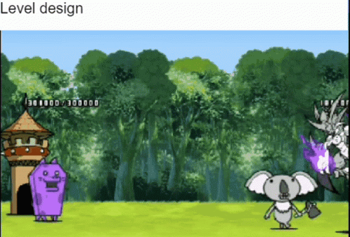 A Purple Cat And A Koala Are In A Video Game With The Words Level Design Above Them GIF