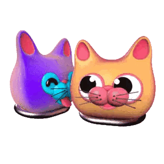 a purple cat and a yellow cat are standing next to each other on a white background