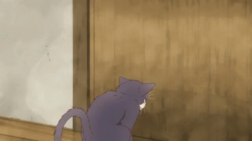A Purple Cat Is Looking At A Wooden Door GIF