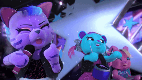 a purple cat is singing into a microphone while a blue bear is holding a drum