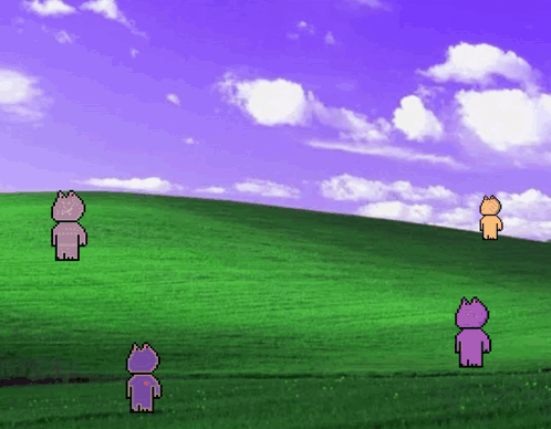 A Purple Cat Is Standing On Top Of A Grassy Hill With Other Cats GIF