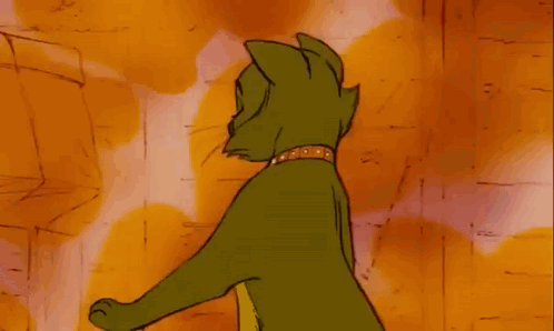 A Purple Cat With A Gold Collar Is Standing On Its Hind Legs In Front Of A Yellow Background . GIF