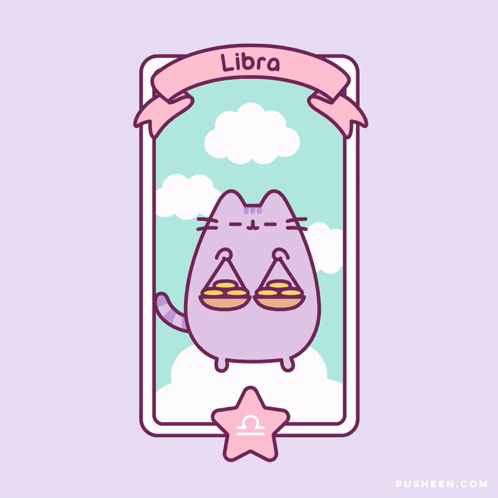 A Purple Cat With Scales On Its Head Is Labeled Libra GIF