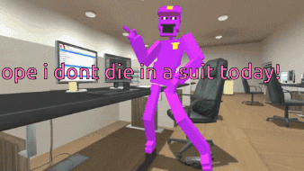 A Purple Character In An Office With The Words " Ope I Dont Die In A Suit Today " On The Bottom GIF