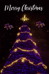 A Purple Christmas Tree With Hearts And Merry Christmas Written On It GIF