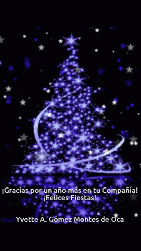 A Purple Christmas Tree With The Name Yvette A. Gomez Montes De Oca At The Bottom GIF