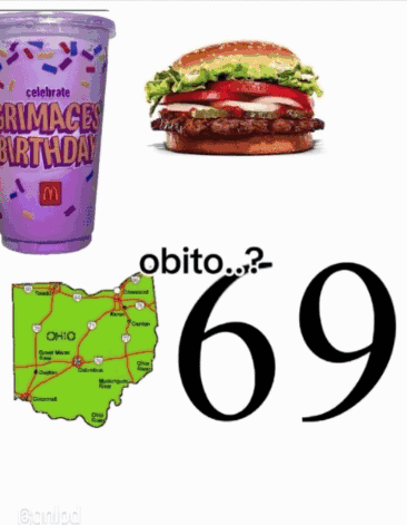 A Purple Cup That Says Celebrate Grimace 'S Birthday Is Next To A Hamburger And A Map Of Ohio GIF