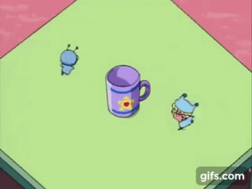 A Purple Cup With A Star On It Is On A Green Table With Three Cartoon Characters . GIF