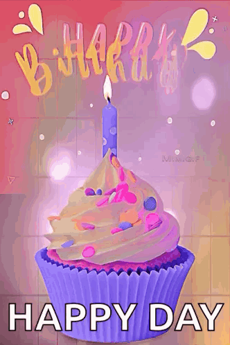 A Purple Cupcake With A Blue Candle On Top Of It And The Words `` Happy Birthday '' . GIF
