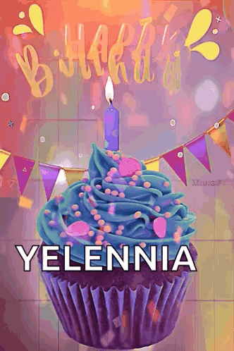 A Purple Cupcake With A Blue Frosting And A Candle With The Name Yelenia On It GIF