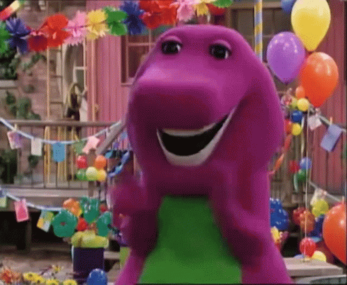 A Purple Dinosaur Is Standing In Front Of Balloons And Garland GIF