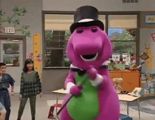A Purple Dinosaur Is Wearing A Top Hat And Holding A Green Frog . GIF