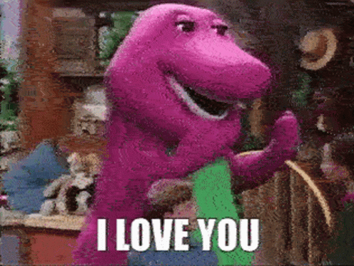 A Purple Dinosaur Says " I Love You " In A Pixelated Image GIF