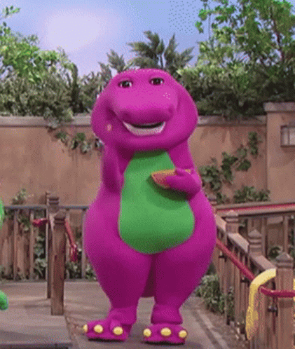 A Purple Dinosaur With A Green Belly Is Holding A Piece Of Fruit GIF