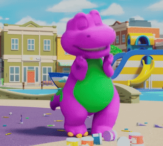 A Purple Dinosaur With A Green Belly Is Standing In Front Of A Building With The Letter A On It GIF
