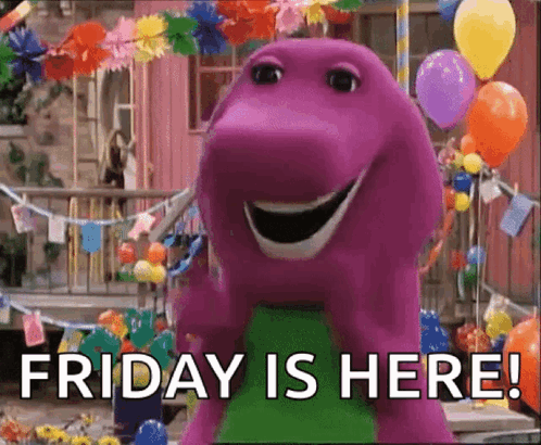 A Purple Dinosaur With Balloons And Flowers Says Friday Is Here GIF