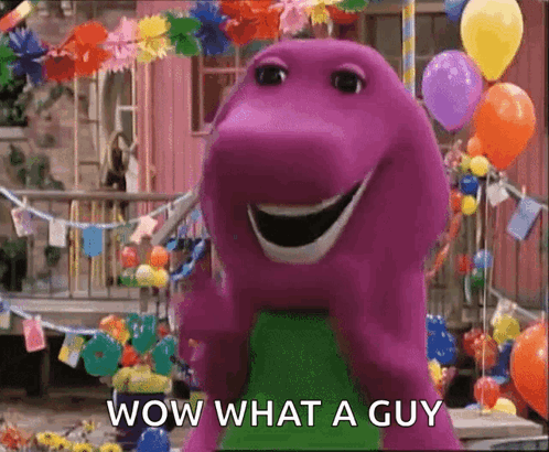 A Purple Dinosaur With The Words Wow What A Guy On It GIF