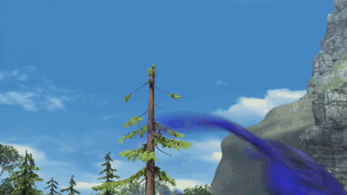 A Purple Dragon Is Flying In The Air With A Blue Sky In The Background GIF