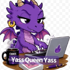 A Purple Dragon Is Typing On A Laptop Next To A Cup Of Coffee . GIF