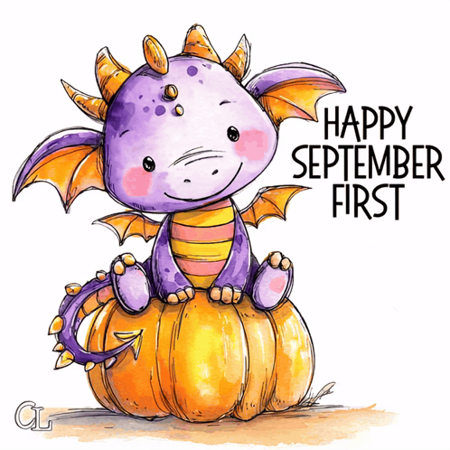 a purple dragon sits on top of an orange pumpkin with the words happy september first written below it