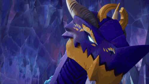 A Purple Dragon With Horns Is Standing In A Cave With A Purple Background . GIF