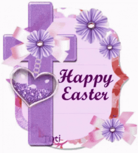 A Purple Easter Card With A Cross And Flowers GIF